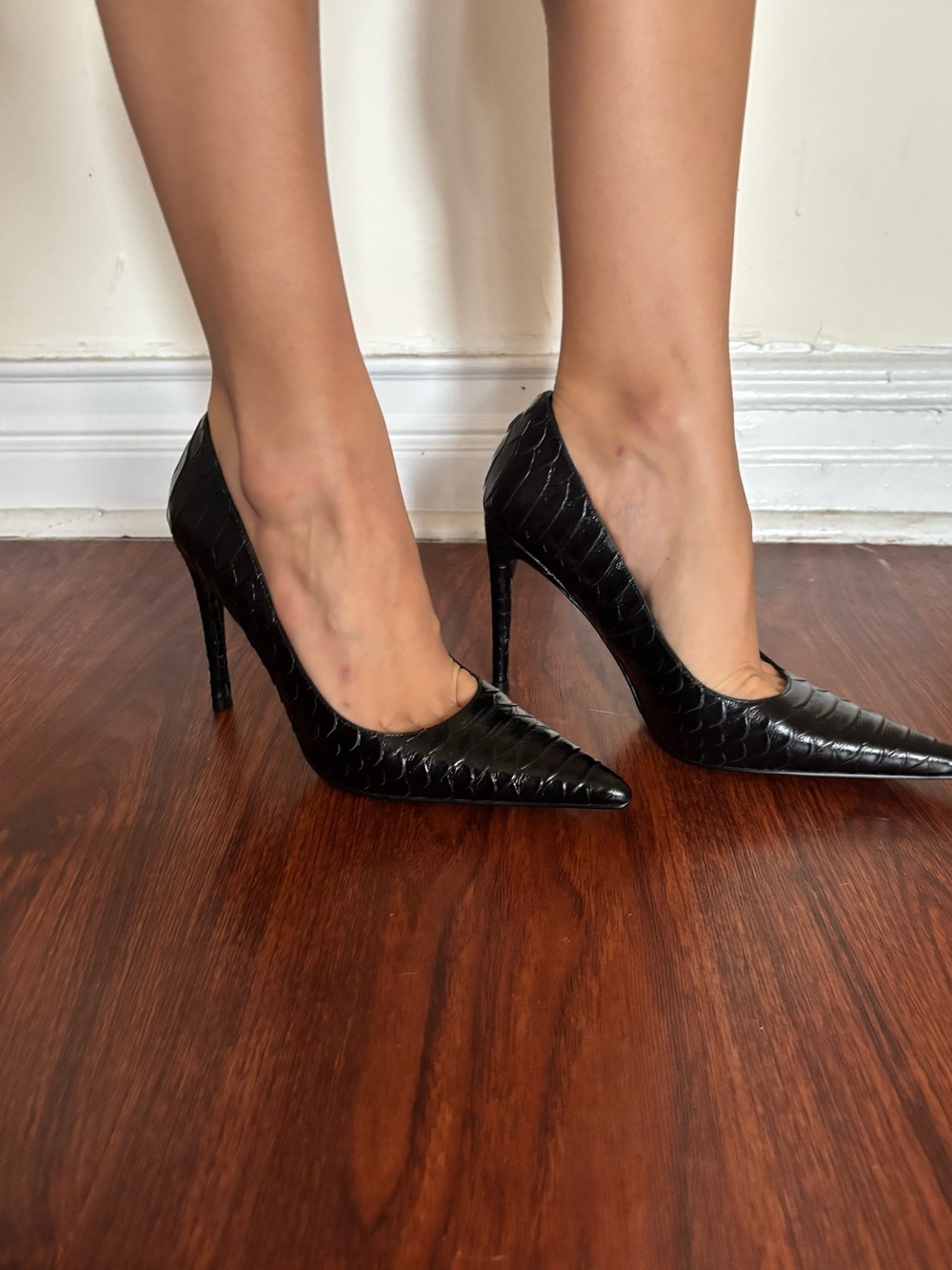 Jeffrey Campbell Black Croc-Embossed Pointed Toe Stilettos
